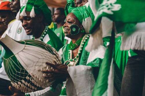 African drummers in traditional attire